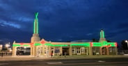 Vintage Conoco gas station on Route 66 with fancy neon