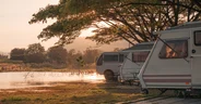 Motor home under big tree on campground by the lake in the evening