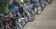Elevated view of Main Street with motorcycles lining road at the