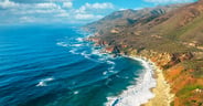 Aerial view from a drone, beautiful coastal landscape on Pacific Highway 1, traveling south to Los Angeles, Big Sur, California. Concept, vacation, tourism