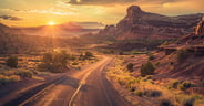 American Road. Scenic Route 66 Sunset Drive through Classic Utah